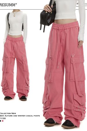 Women's Loose Fit Rose Red Dance Pants - Straight Leg Hip-Hop Casual Trousers with Big Pockets - American Style Fashion