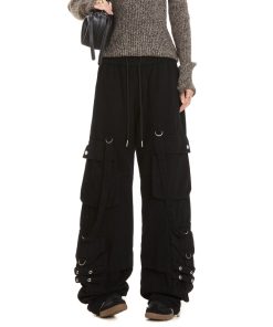 Women's Loose Fit Rose Red Dance Pants - Straight Leg Hip-Hop Casual Trousers with Big Pockets - American Style Fashion