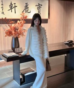 Women's Loose White Knitted Cardigan with Real Fox Fur Collar - Thick Winter Sweater Jacket