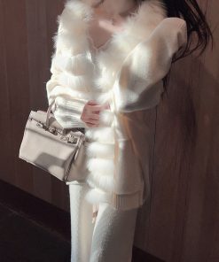 Women's Loose White Knitted Cardigan with Real Fox Fur Collar - Thick Winter Sweater Jacket