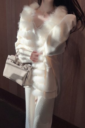 Women's Loose White Knitted Cardigan with Real Fox Fur Collar - Thick Winter Sweater Jacket