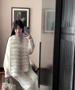 Women's Loose White Knitted Cardigan with Real Fox Fur Collar - Thick Winter Sweater Jacket