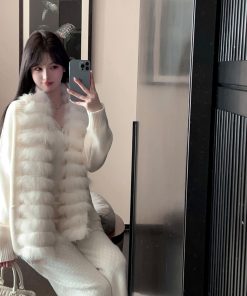 Women's Loose White Knitted Cardigan with Real Fox Fur Collar - Thick Winter Sweater Jacket