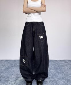 Women's Loose Wide-Leg Pocket Silhouette Curved Blade Jeans, Draping Floor-Length Casual Trousers, Y2K American Style