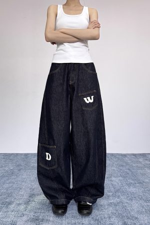 Women's Loose Wide-Leg Pocket Silhouette Curved Blade Jeans, Draping Floor-Length Casual Trousers, Y2K American Style