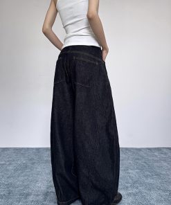 Women's Loose Wide-Leg Pocket Silhouette Curved Blade Jeans, Draping Floor-Length Casual Trousers, Y2K American Style