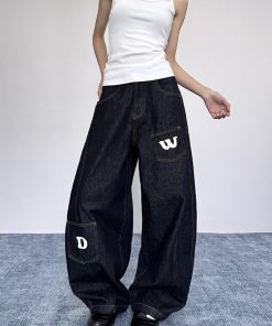 Women's Loose Wide-Leg Pocket Silhouette Curved Blade Jeans, Draping Floor-Length Casual Trousers, Y2K American Style