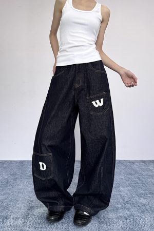 Women's Loose Wide-Leg Pocket Silhouette Curved Blade Jeans, Draping Floor-Length Casual Trousers, Y2K American Style