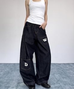 Women's Loose Wide-Leg Pocket Silhouette Curved Blade Jeans, Draping Floor-Length Casual Trousers, Y2K American Style