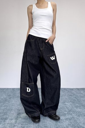 Women's Loose Wide-Leg Pocket Silhouette Curved Blade Jeans, Draping Floor-Length Casual Trousers, Y2K American Style