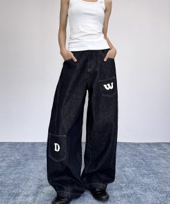 Women's Loose Wide-Leg Pocket Silhouette Curved Blade Jeans, Draping Floor-Length Casual Trousers, Y2K American Style