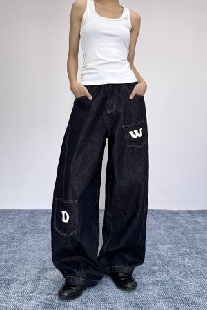 Women's Loose Wide-Leg Pocket Silhouette Curved Blade Jeans, Draping Floor-Length Casual Trousers, Y2K American Style