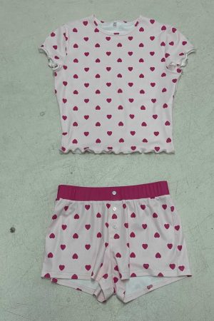 Women's Love Heart Print Short Sleeve Pajama Set - Casual Two-Piece Homewear Outfit, European American Style