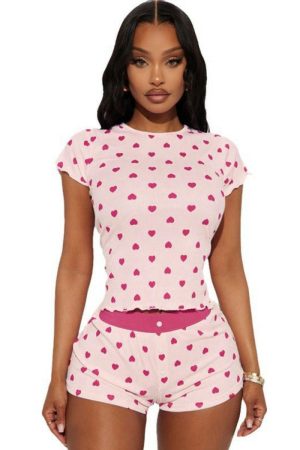 Women's Love Heart Print Short Sleeve Pajama Set - Casual Two-Piece Homewear Outfit, European American Style
