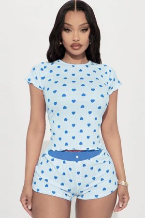 Women's Love Heart Print Short Sleeve Pajama Set - Casual Two-Piece Homewear Outfit, European American Style