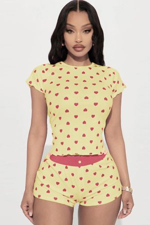 Women's Love Heart Print Short Sleeve Pajama Set - Casual Two-Piece Homewear Outfit, European American Style