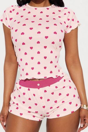 Women's Love Heart Print Short Sleeve Pajama Set - Casual Two-Piece Homewear Outfit, European American Style
