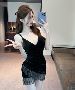 Women's Low-Cut Deep V-Neck Velvet Slip Dress - Slimming Waist-Cinching Design for Nightclub and Party Style