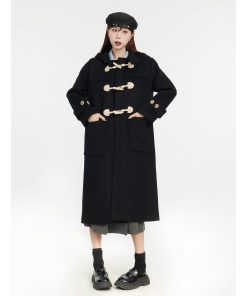 Women's Mid-Length Korean Vintage College Style Woolen Coat with Horn Buttons for Petite Size - 2025 Collection