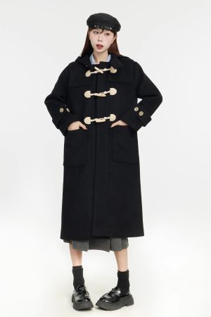Women's Mid-Length Korean Vintage College Style Woolen Coat with Horn Buttons for Petite Size - 2025 Collection