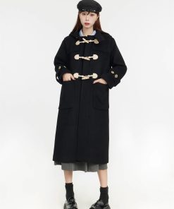 Women's Mid-Length Korean Vintage College Style Woolen Coat with Horn Buttons for Petite Size - 2025 Collection