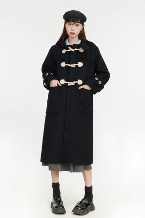 Women's Mid-Length Korean Vintage College Style Woolen Coat with Horn Buttons for Petite Size - 2025 Collection