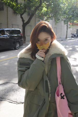 Women's Mid-Length Pumpkin Spliced Cotton Coat - Korean Style Lamb Fleece Winter Parka Jacket