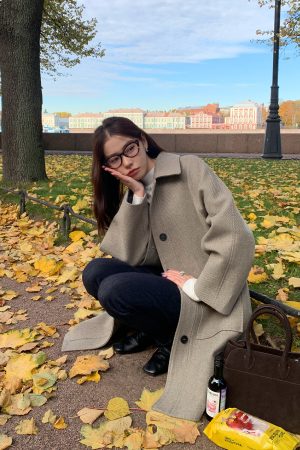 Women's Mid-Length Wool Coat with Lapel, White Duck Down Lining, Stylish Autumn Winter Overcoat