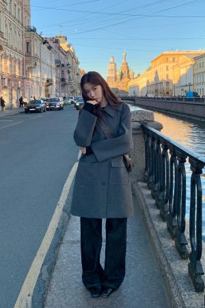 Women's Mid-Length Wool Coat with Lapel, White Duck Down Lining, Stylish Autumn Winter Overcoat