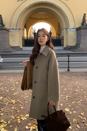 Women's Mid-Length Wool Coat with Lapel, White Duck Down Lining, Stylish Autumn Winter Overcoat