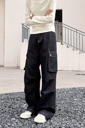 Women's Multi-Pocket Denim Work Pants - Loose Straight Trousers, Retro American Casual Style, Ideal for Y2K Fashion