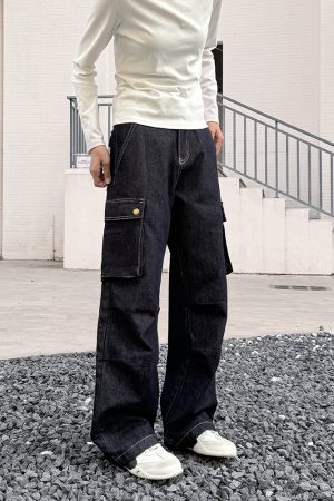 Women's Multi-Pocket Denim Work Pants - Loose Straight Trousers, Retro American Casual Style, Ideal for Y2K Fashion