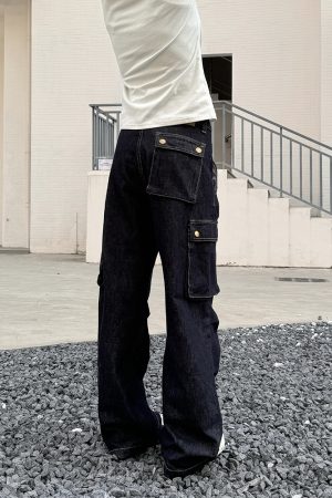 Women's Multi-Pocket Denim Work Pants - Loose Straight Trousers, Retro American Casual Style, Ideal for Y2K Fashion