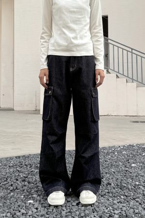 Women's Multi-Pocket Denim Work Pants - Loose Straight Trousers, Retro American Casual Style, Ideal for Y2K Fashion
