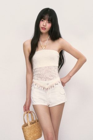 Women's Off-Shoulder Tassel Spliced Strapless Top - Summer 2025 Pure Desire Style - Trendy Y2K Camisole for Weekend Wear