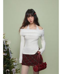 Women's Off-the-Shoulder Long Sleeve White Lace T-Shirt - 2025 Autumn Winter Base Layer Top