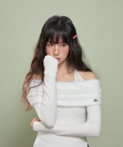 Women's Off-the-Shoulder Long Sleeve White Lace T-Shirt - 2025 Autumn Winter Base Layer Top