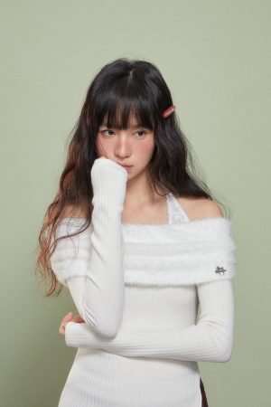 Women's Off-the-Shoulder Long Sleeve White Lace T-Shirt - 2025 Autumn Winter Base Layer Top