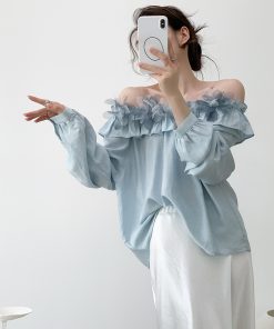 Women's One-Shoulder Floral Shirt - French Style Summer Loose Breathable Top in Wool - Trendy Off-Shoulder Fashion