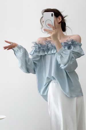 Women's One-Shoulder Floral Shirt - French Style Summer Loose Breathable Top in Wool - Trendy Off-Shoulder Fashion