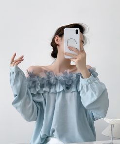 Women's One-Shoulder Floral Shirt - French Style Summer Loose Breathable Top in Wool - Trendy Off-Shoulder Fashion