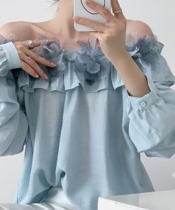 Women's One-Shoulder Floral Shirt - French Style Summer Loose Breathable Top in Wool - Trendy Off-Shoulder Fashion