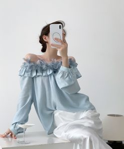 Women's One-Shoulder Floral Shirt - French Style Summer Loose Breathable Top in Wool - Trendy Off-Shoulder Fashion