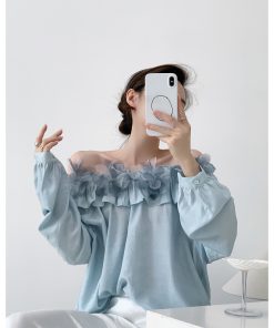 Women's One-Shoulder Floral Shirt - French Style Summer Loose Breathable Top in Wool - Trendy Off-Shoulder Fashion