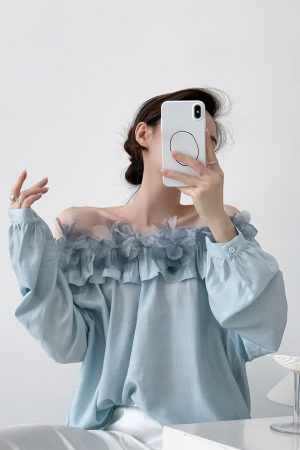Women's One-Shoulder Floral Shirt - French Style Summer Loose Breathable Top in Wool - Trendy Off-Shoulder Fashion