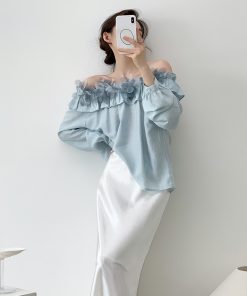 Women's One-Shoulder Floral Shirt - French Style Summer Loose Breathable Top in Wool - Trendy Off-Shoulder Fashion