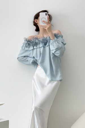 Women's One-Shoulder Floral Shirt - French Style Summer Loose Breathable Top in Wool - Trendy Off-Shoulder Fashion