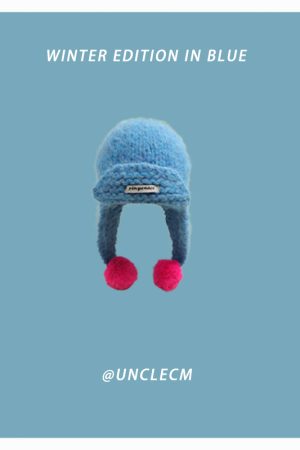 Women's Oversized Knitted Wool Beanie Hat - Blue Ear-Protecting Design for Autumn and Winter, Flattering Style