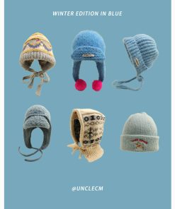 Women's Oversized Knitted Wool Beanie Hat - Blue Ear-Protecting Design for Autumn and Winter, Flattering Style