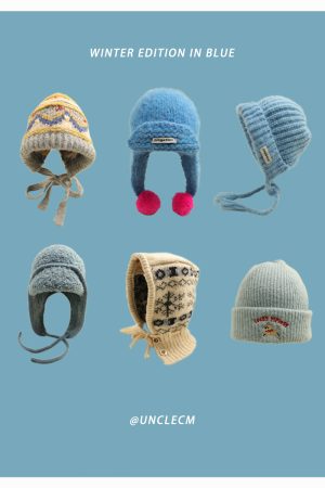 Women's Oversized Knitted Wool Beanie Hat - Blue Ear-Protecting Design for Autumn and Winter, Flattering Style